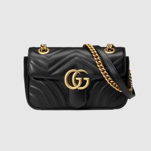 Gucci Mini Marmont Flap Shoulder Bag In Matelasse Leather 446744 Black/Gold