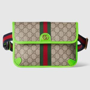 Gucci Small Ophidia Flap Belt Bag with Web Strap In GG Supreme Canvas 752597 Green