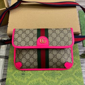 Gucci Small Ophidia Flap Belt Bag with Web Strap In GG Supreme Canvas 752597 Rose