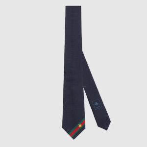 Gucci Tie with Bee Web Stripe Silk Navy Blue