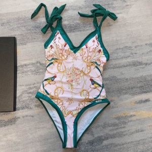 Gucci Tie Shoulder Swimsuit with Floral Bird Logo Women Lycra Green