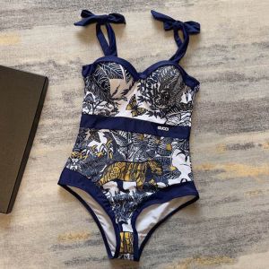 Gucci Tie Shoulder Swimsuit with Floral Tiger Butterfly Women Lycra Navy Blue/White