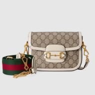 Gucci Mini Horsebit 1955 Shoulder Bag with Web Strap In GG Supreme Canvas Beige/White