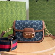 Gucci Mini Horsebit 1955 Shoulder Bag with Web Strap In GG Supreme Denim Blue/Brown