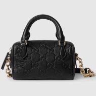 Gucci Super Mini GG Emblem Top Handle Bag In Grainy Leather 815256 Black