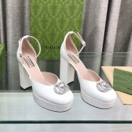 Gucci Double G Crystals Platform Pumps Women Patent Leather White