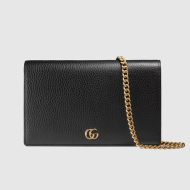 Gucci Large Marmont Chain Wallet In Textured Leather Black/Gold