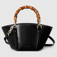 Gucci Mini Bamboo Top Handle Tote with Embossed Logo In Shiny Leather 805832 Black