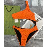 Gucci One Shoulder Swimsuit Women GG Supreme Lycra Orange