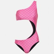 Gucci One Shoulder Swimsuit Women GG Supreme Lycra Pink