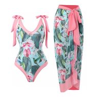 Gucci Tie Shoulder Bathing Suit Set with Interlocking G Women Flower Bird Lycra Blue/Pink