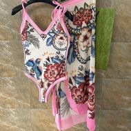 Gucci Tie Shoulder Bathing Suit Set with Interlocking G Women Flower Bird Snake Lycra Pink