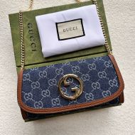 Gucci Large Blondie Continental Chain Wallet In GG Supreme Denim Blue/Brown