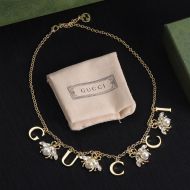 Gucci Crystals Pearl Bee Necklace In Gold