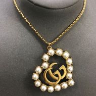 Gucci Double G Heart Pearl Pendant Necklace In Gold