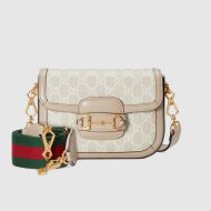 Gucci Mini Horsebit 1955 Shoulder Bag with Web Strap In GG Supreme Canvas Apricot