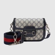 Gucci Mini Horsebit 1955 Shoulder Bag with Web Strap In GG Supreme Canvas Blue