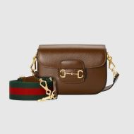 Gucci Mini Horsebit 1955 Shoulder Bag with Web Strap In Leather Brown