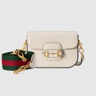 Gucci Mini Horsebit 1955 Shoulder Bag with Web Strap In Leather White