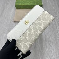 Gucci Large Marmont Zip Around Wallet In GG Supreme Canvas and Textured Leather Apricot/White