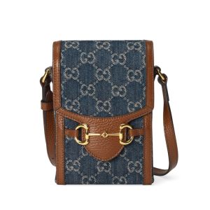 Gucci Mini Horsebit 1955 Smart Phone Case In GG Supreme Denim Blue/Brown