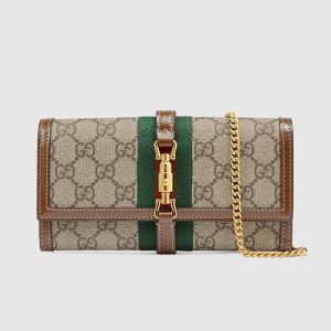 Gucci Large Jackie 1961 Chain Wallet In GG Supreme Canvas Beige/Brown