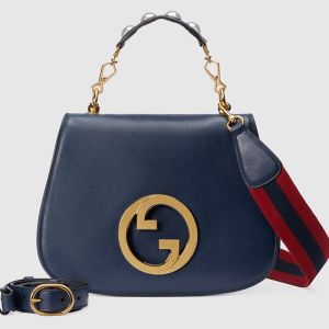 Gucci Medium Blondie Top Handle Bag with Studs In Leather 721172 Navy Blue