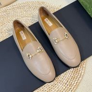 Gucci Horsebit Crystals Loafers Women Leather Apricot