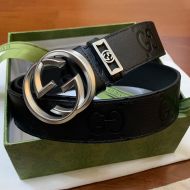 Gucci Blondie Wide Belt with Interlocking G Detail Grained Calfskin Black/Silver