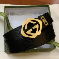 Gucci Blondie Wide Belt with Interlocking G Detail Grained Calfskin Black/Yellow